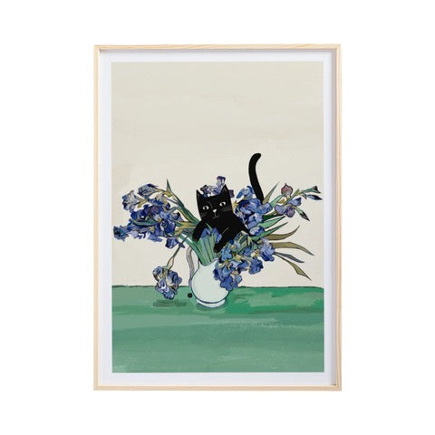 Cat print featuring an illustration of a cat sitting in a vase of flowers, based on the Vincent Van Gogh painting 'Irises'. 