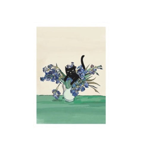 Cat print featuring an illustration of a cat sitting in a vase of flowers, based on the Vincent Van Gogh painting 'Irises'. 
