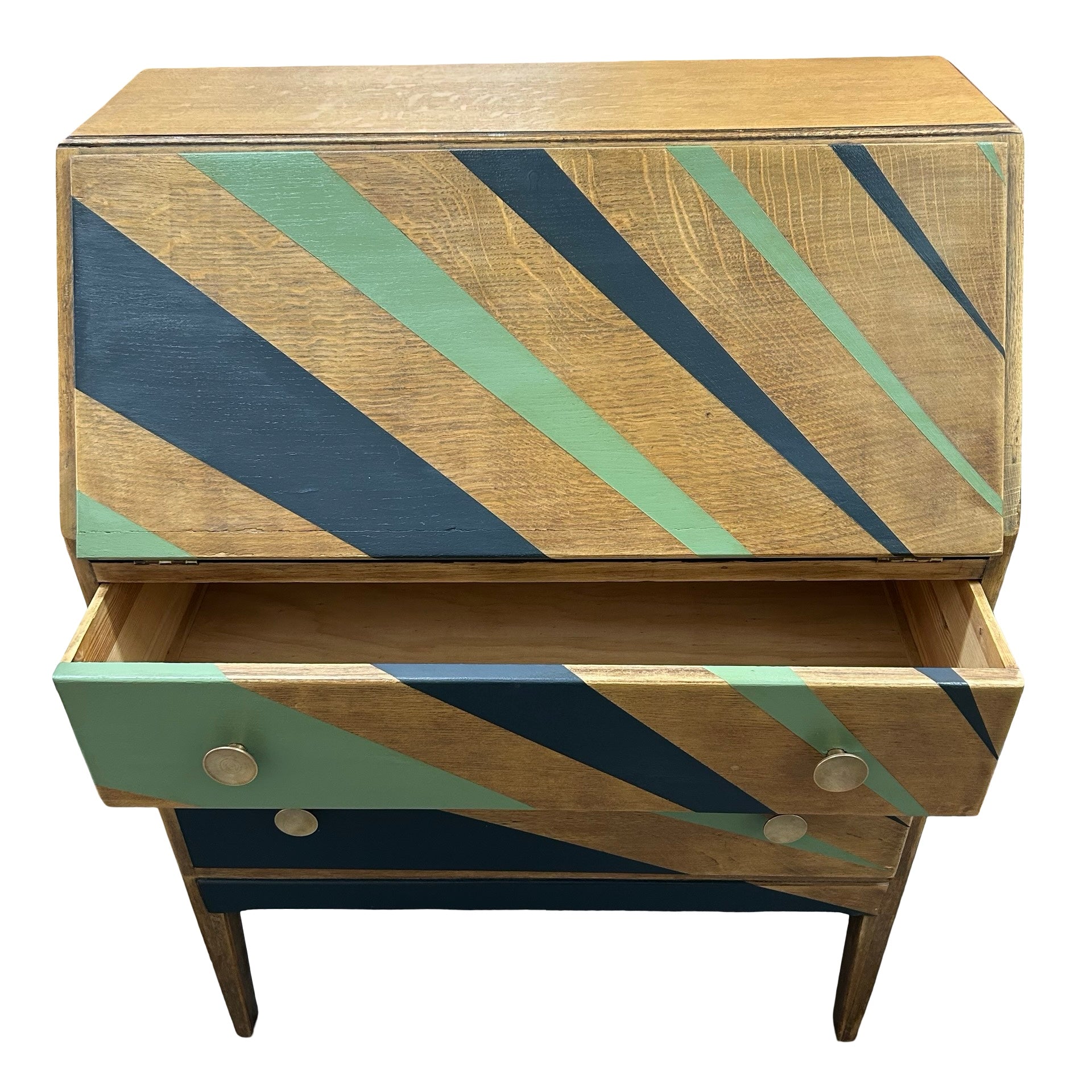 Vintage oak bureau upcycled with green and black stripes.  Shown here with 1 drawer open.