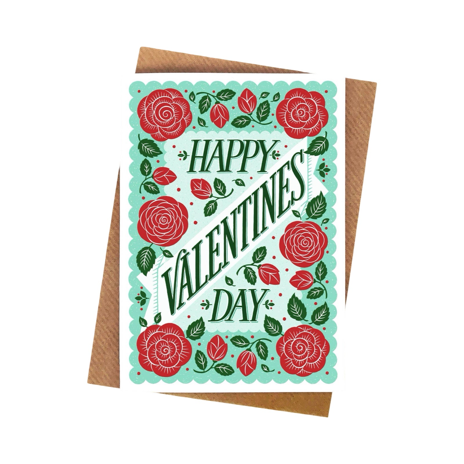 Valentine's Day card with red roses and green leaves on a white background.