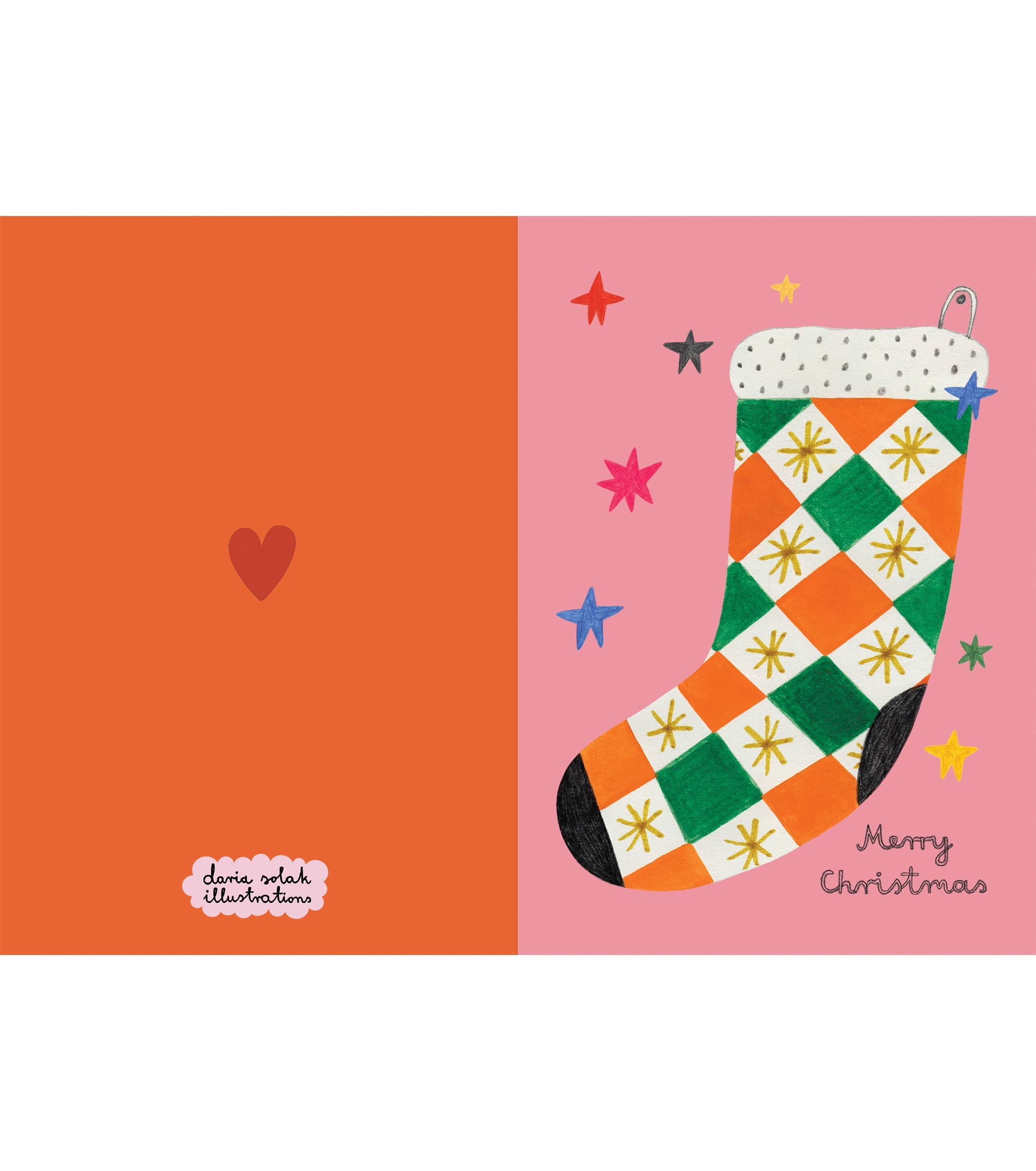 Colourful Christmas stocking on a pink background with orange border, featuring stars and a heart.