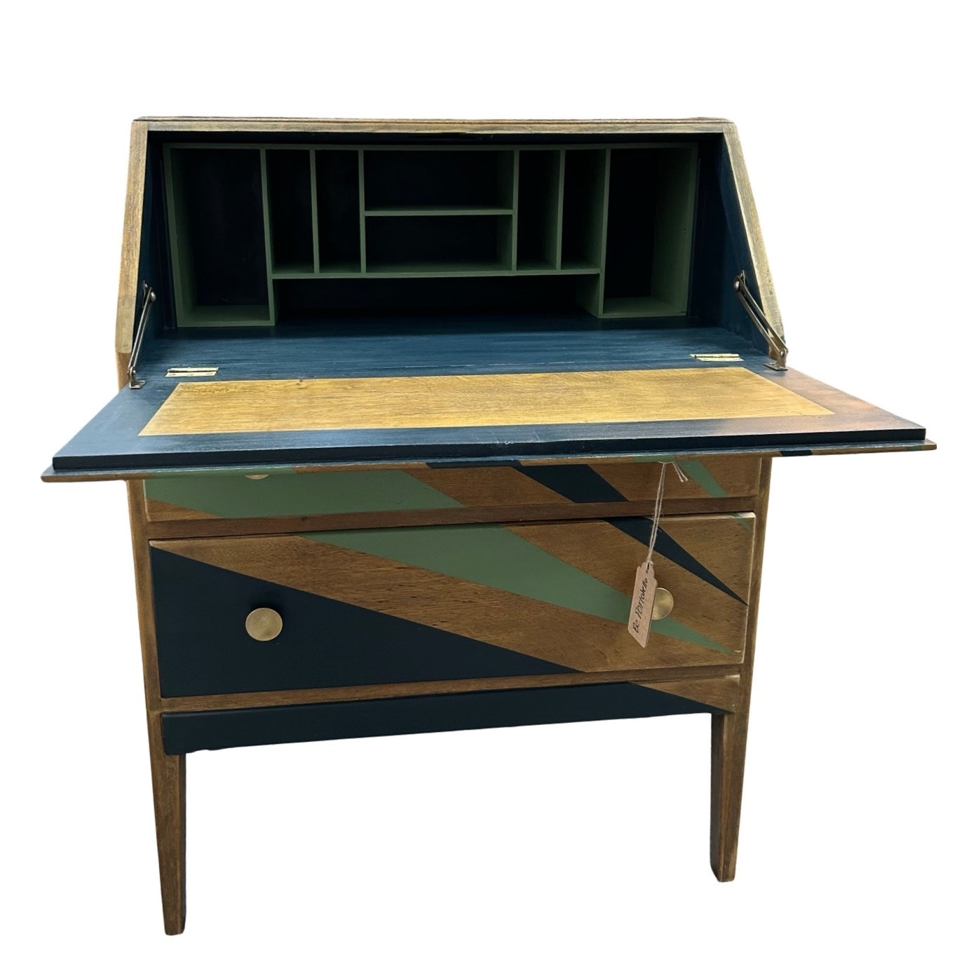 Upcycled oak bureau with green and black stripes, shown open