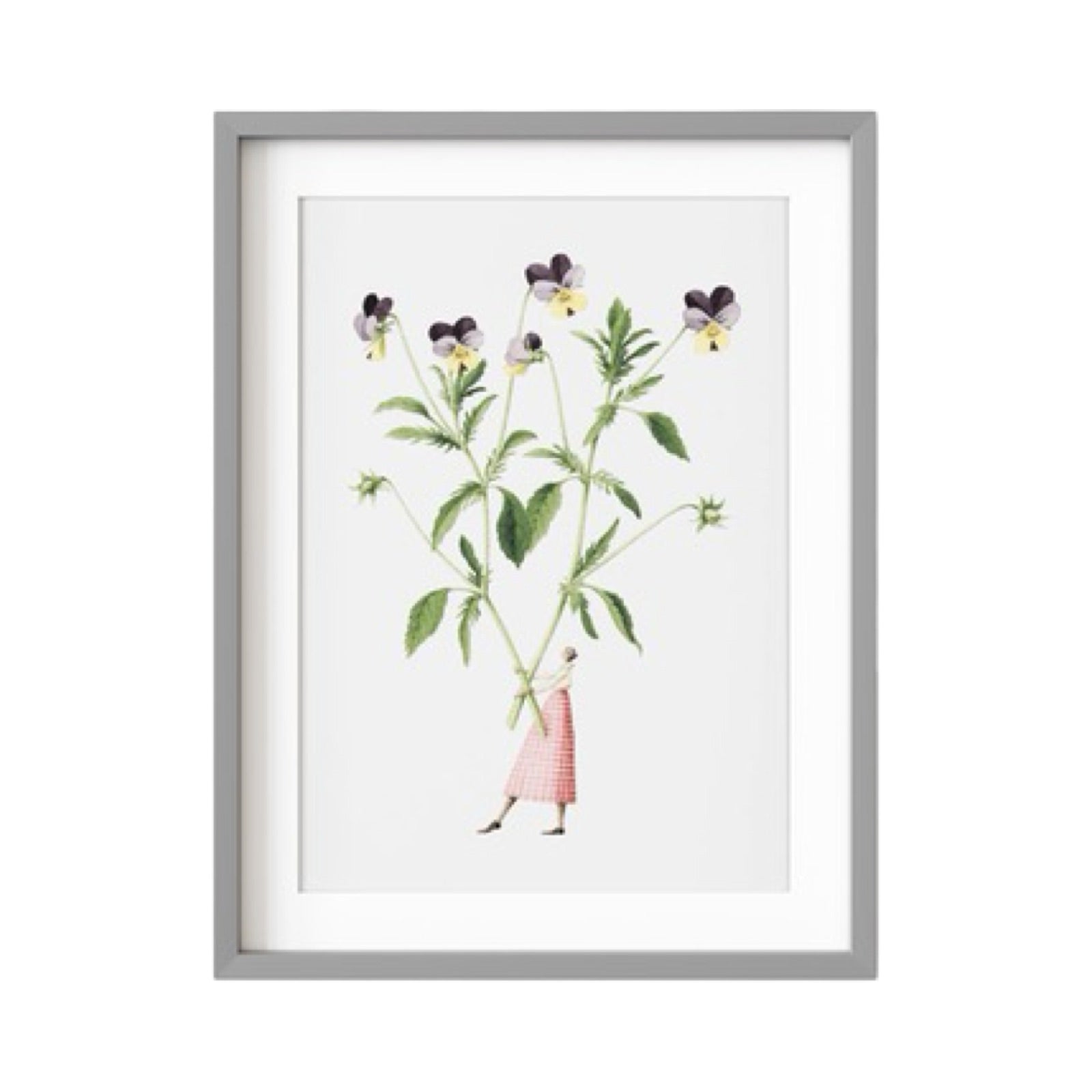 Framed print of a mounted print of viola stems held by a lady. 
