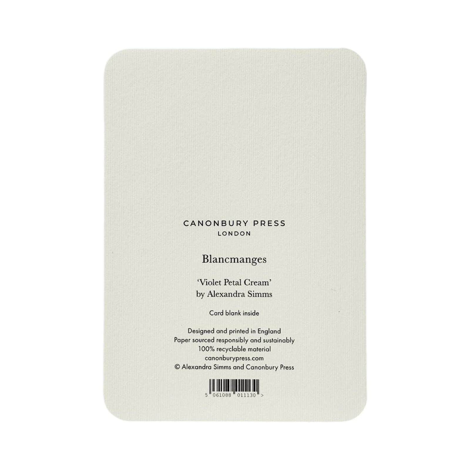 The back of a cream coloured card rom the 'Blancmanges' range by Alexandra Smith for Canonbury Press.