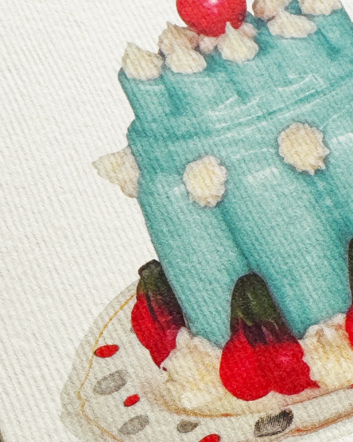 Close-up of a an illustration of a blue cake on card.