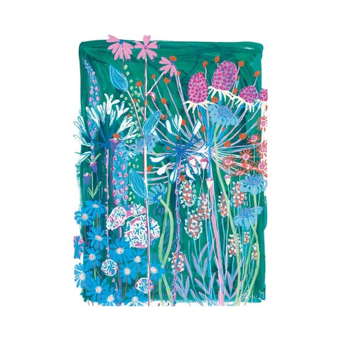 A beautiful print reproduced from an original painting featuring pink, blue and orange flowers on a turquoise background.