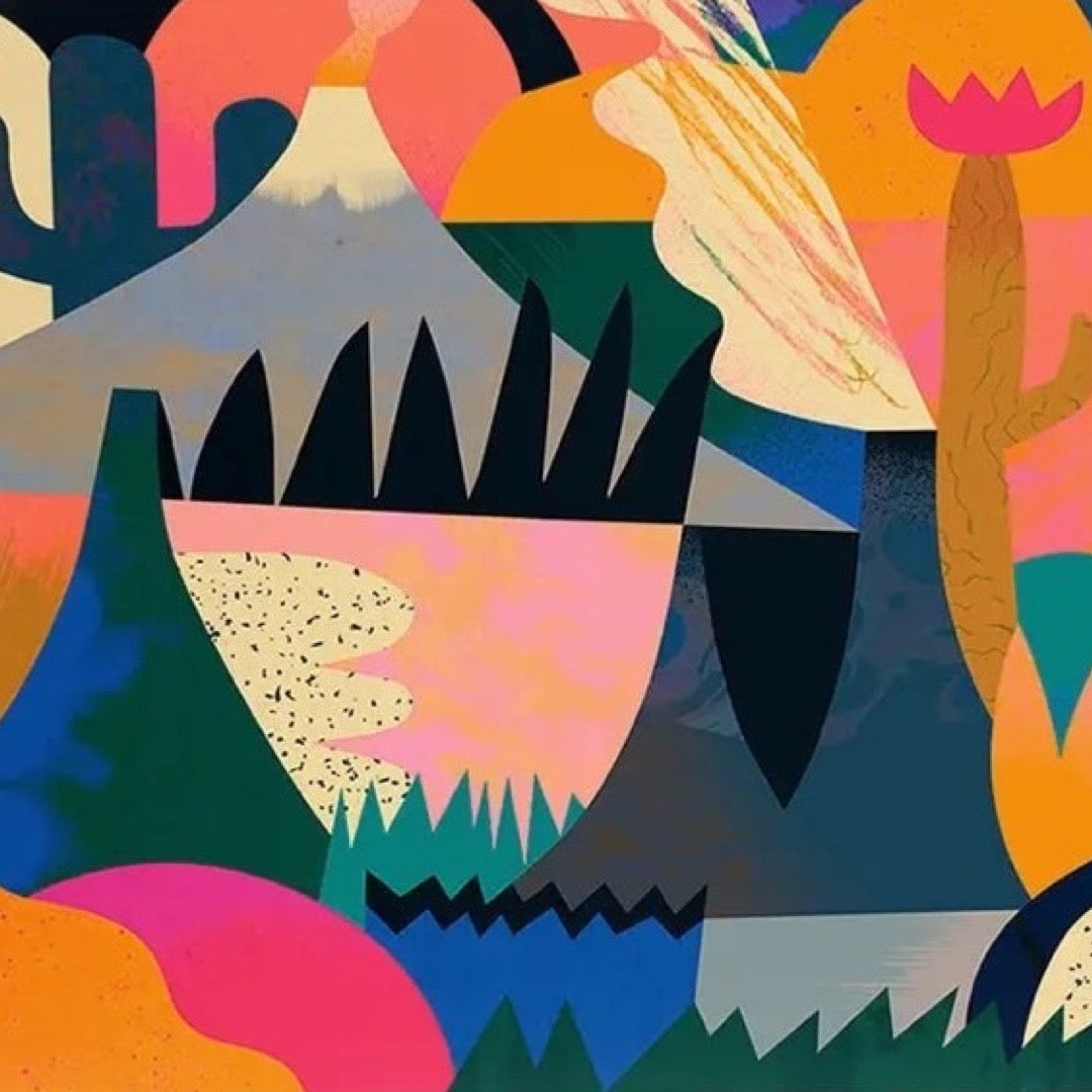 Colourful abstract volcanoes postcard.