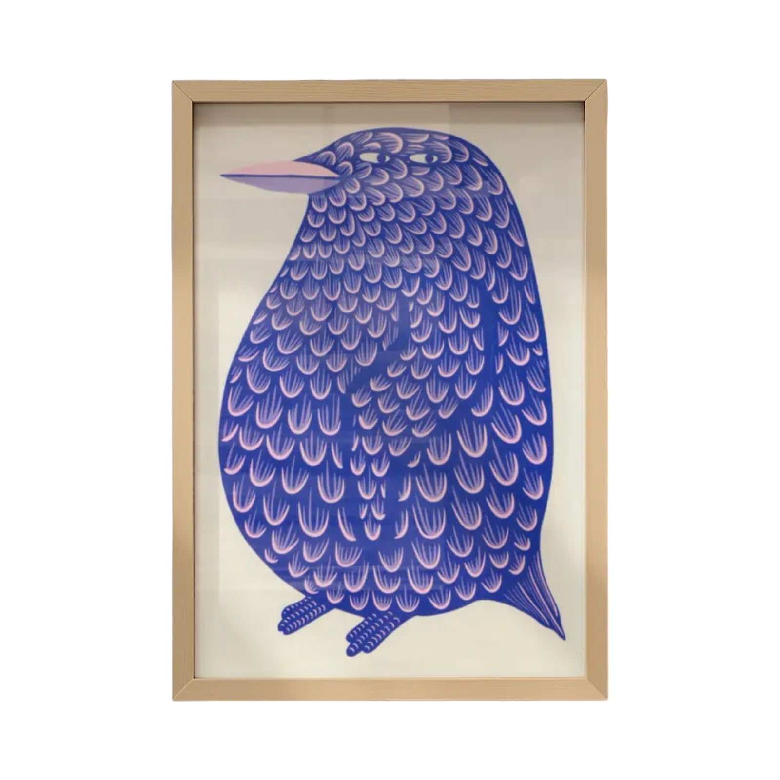 Framed artwork of a blue bird with a beige background.
