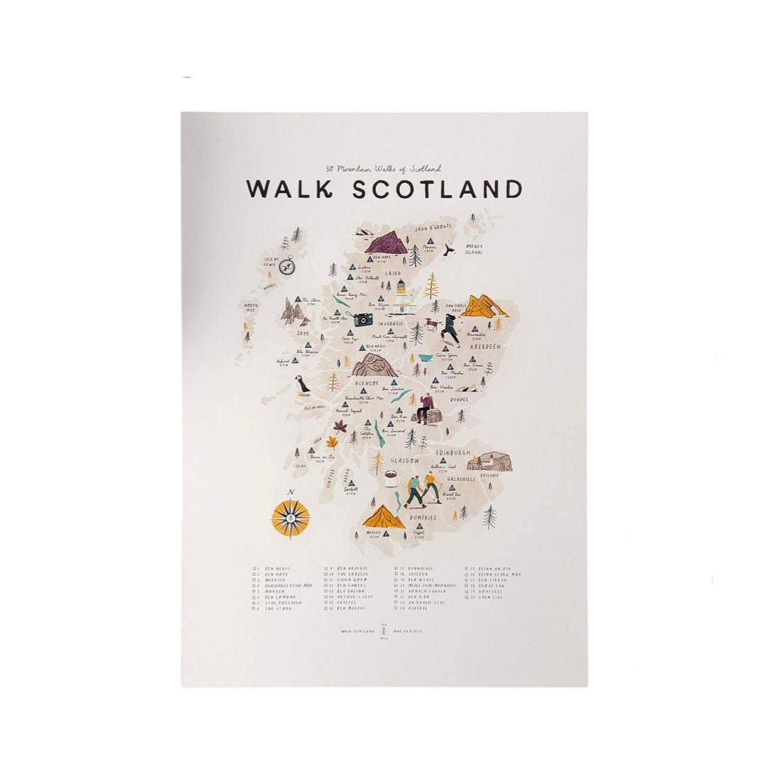 Print of Scotland featuring well-known landmarks such as The Bass Rock and 30 highlighted walks.