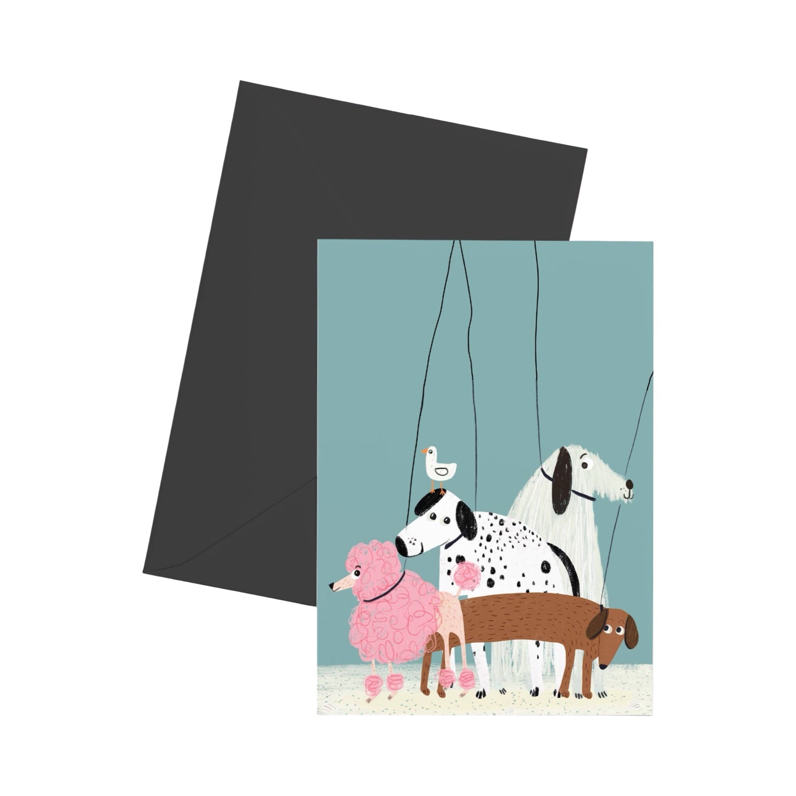 Greeting cards with illustrations of dogs and a black envelope on a white background.