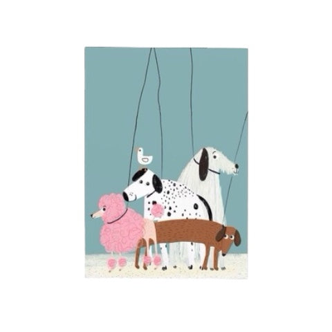 Illustration of four dogs on a leash against a blue background.