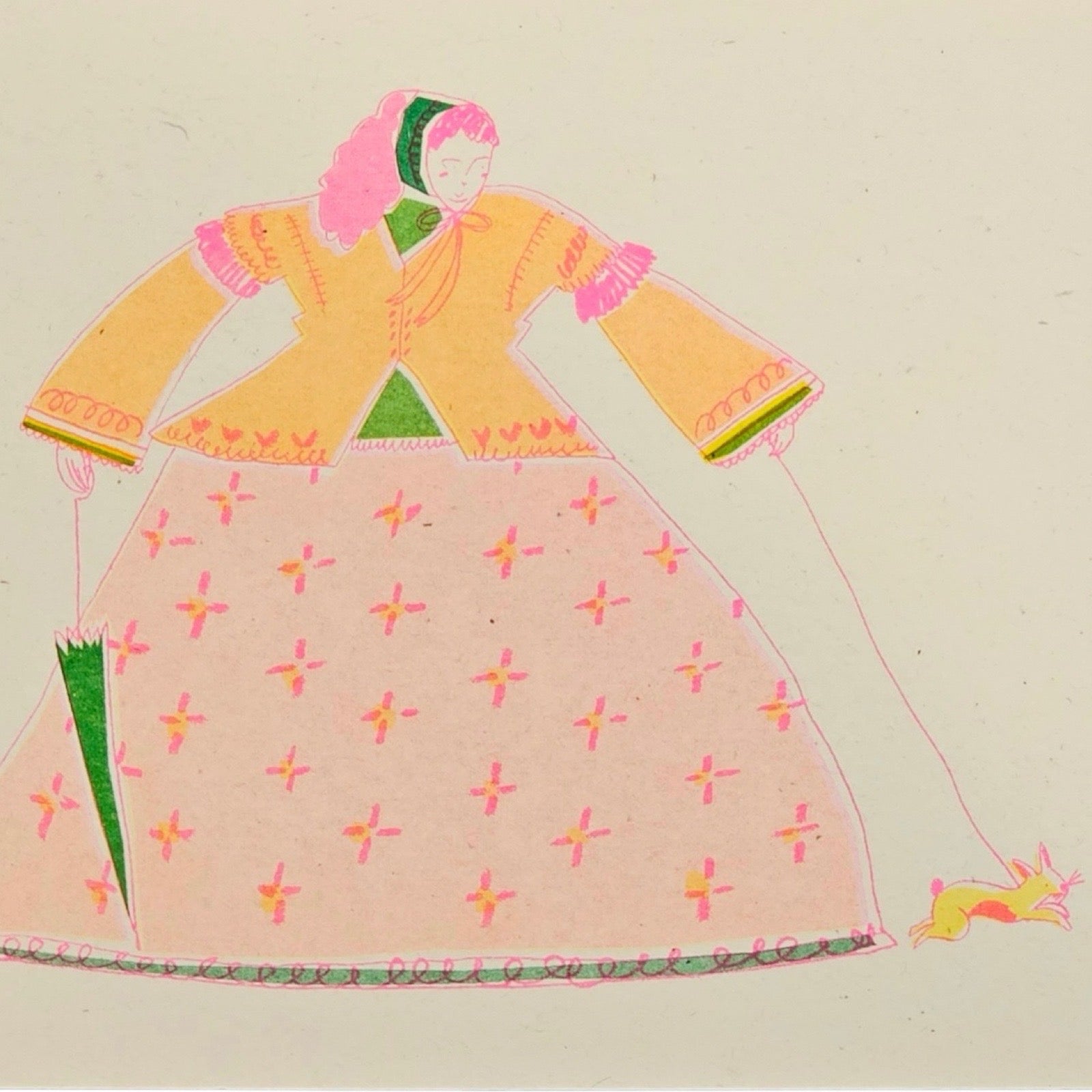 Print featuring an illustration of a lady dressed in a yellow jacket and pink and white patterned skirt holding a green umbrella in one hand and lead in the other, walking her rabbit.