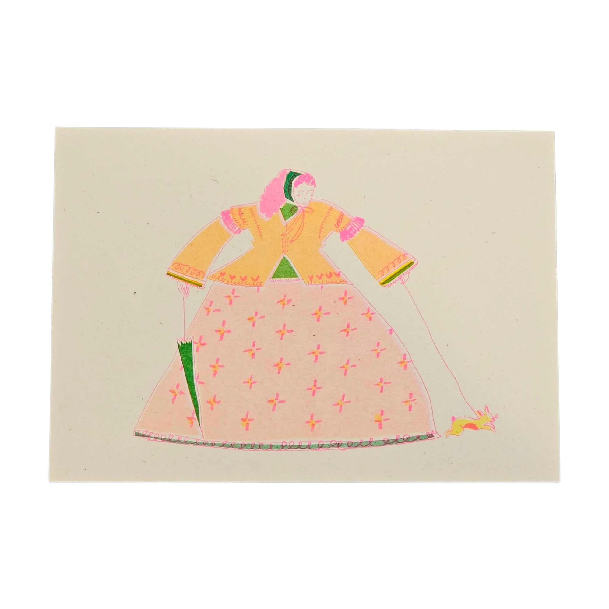 Print featuring an illustration of a lady dressed in a yellow jacket and pink and white patterned skirt holding a green umbrella in one hand and lead in the other, walking her rabbit.