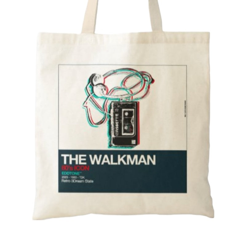 This tote bag features a square design of an illustration of the classic 80's walkman.  Designed as part of the 'Eddtone' collection. Designed by Eddscape and printed in the UK.