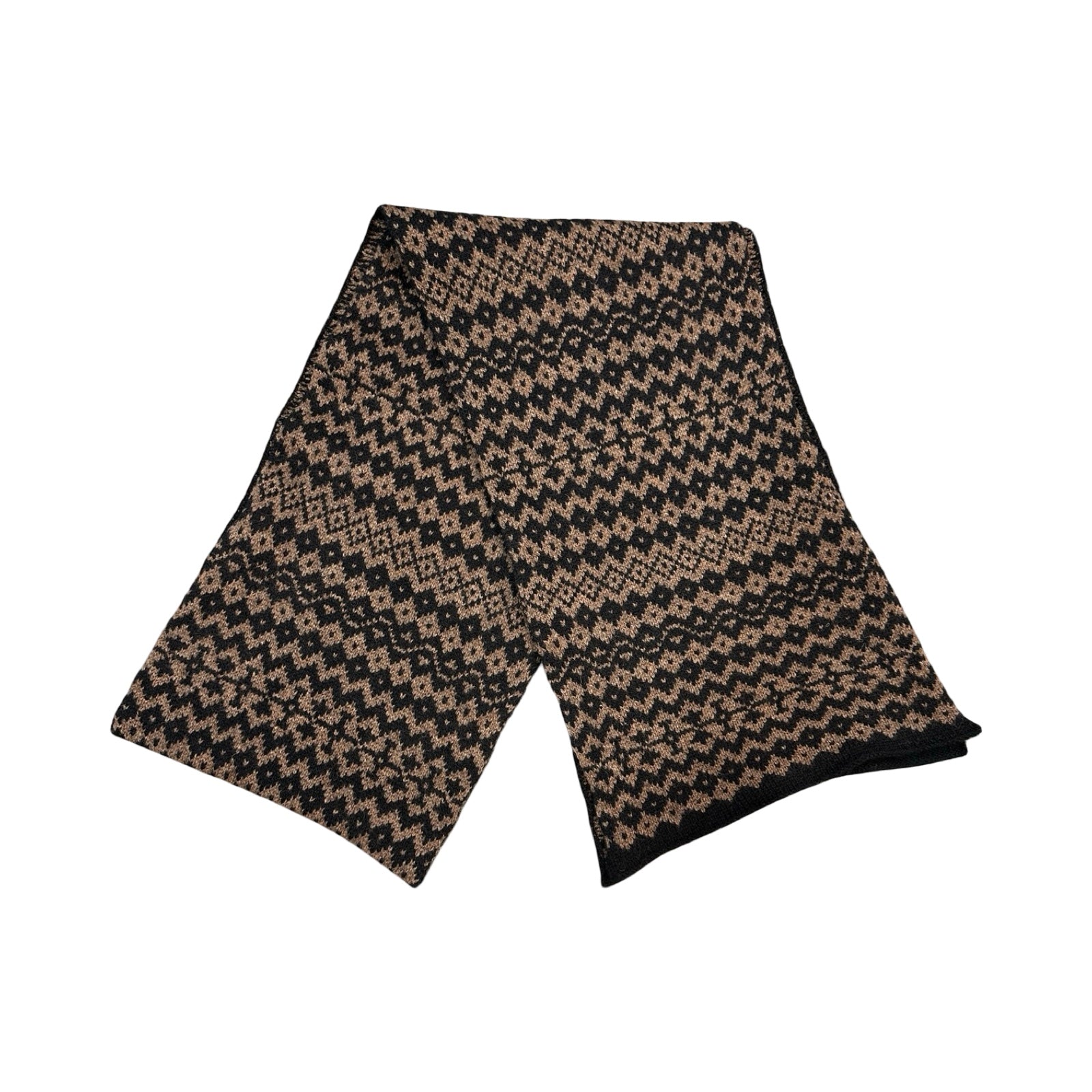A super soft and cosy 100% lambswool knitted scarf with a brown and dark grey geometric design.