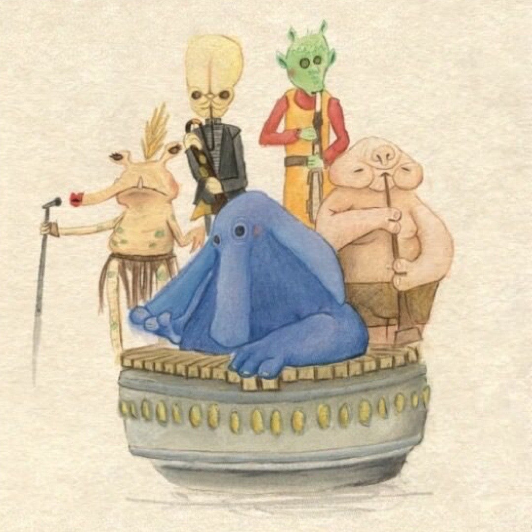 Greetings card featuring an illustration of the Max Rebo Band and friends from Star Wars.