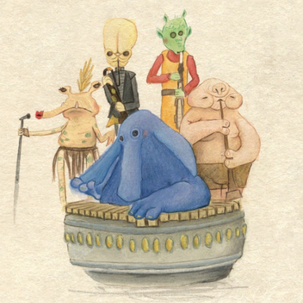 Square print featuring an illustration of the Max Rebo Band and friends from Star War.