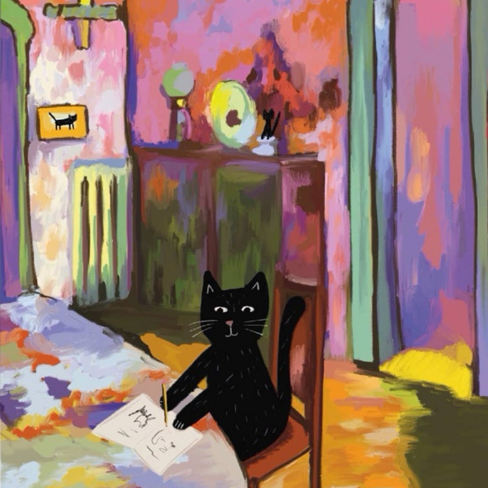Cat art card featuring an illustration of a black cat in an artist's studio based on the artwork of the famous artist Wassily Kandinsky.