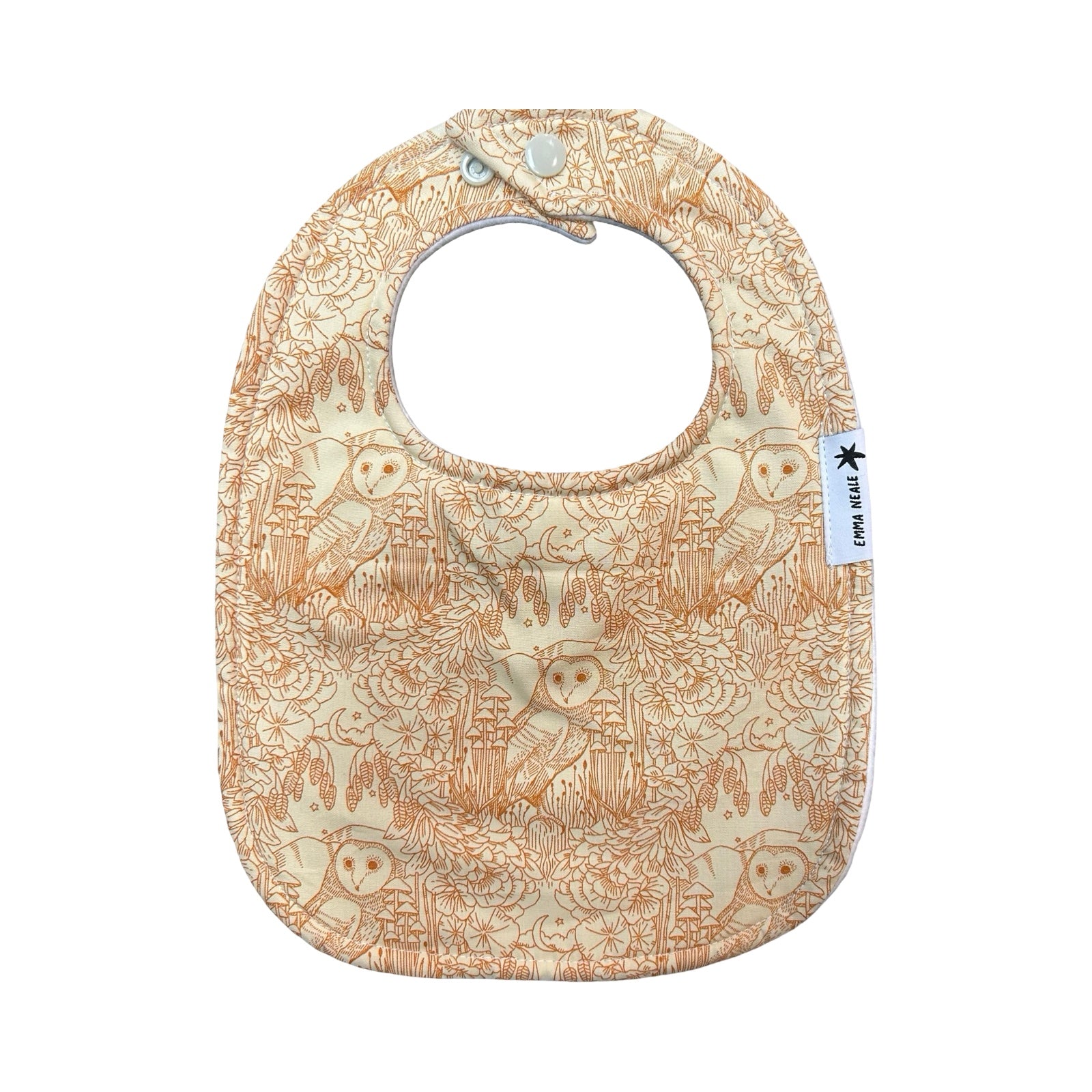 Baby bib with owl pattern on a white background.