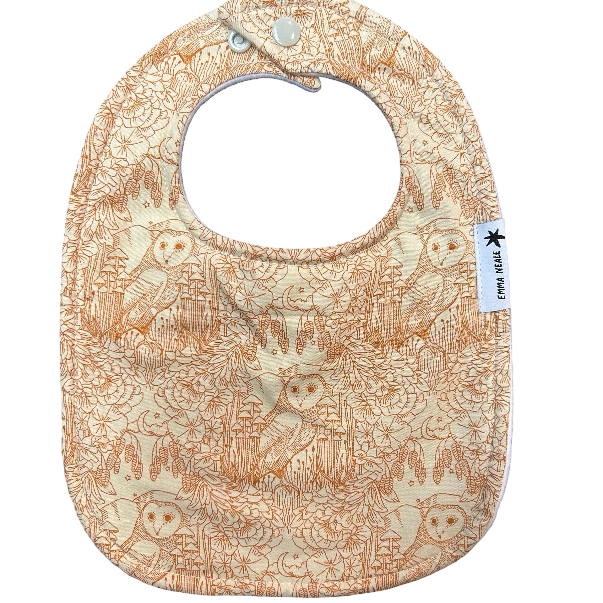 Baby bib in pale yellow with an orange outline owl drawing.  Adjustable neck fastening.
