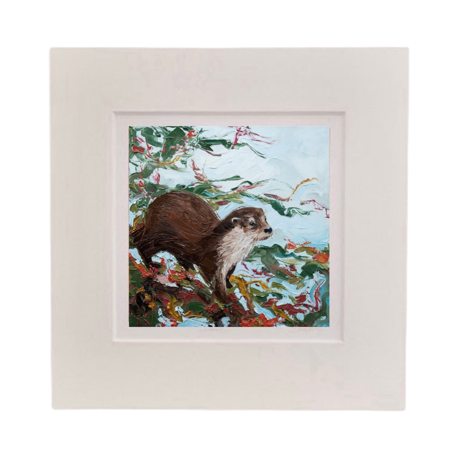 This square print features an otter standing on an autumnal branch at the edge of water in a white cardboard mount.