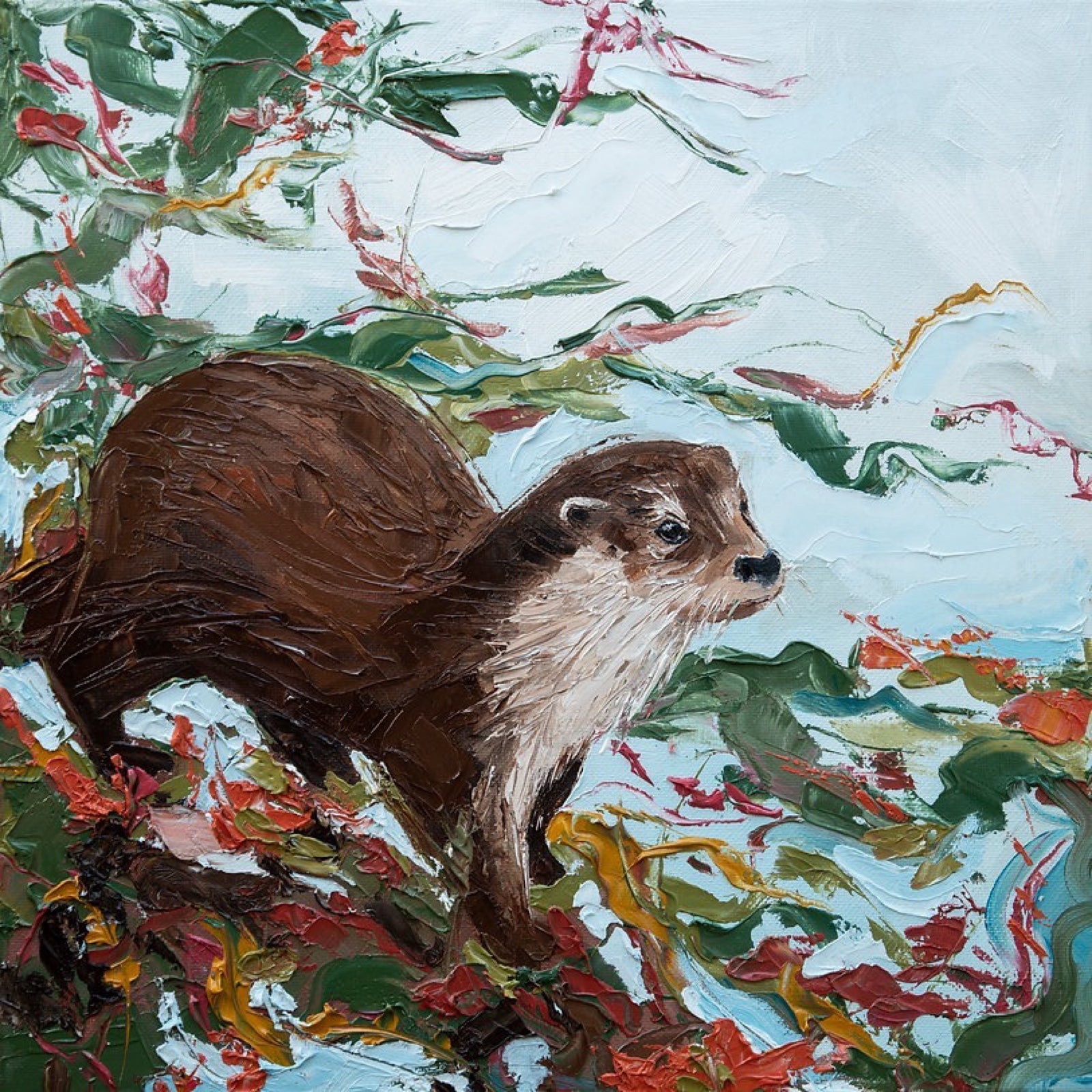 This square print features an otter standing on an autumnal branch at the edge of water.