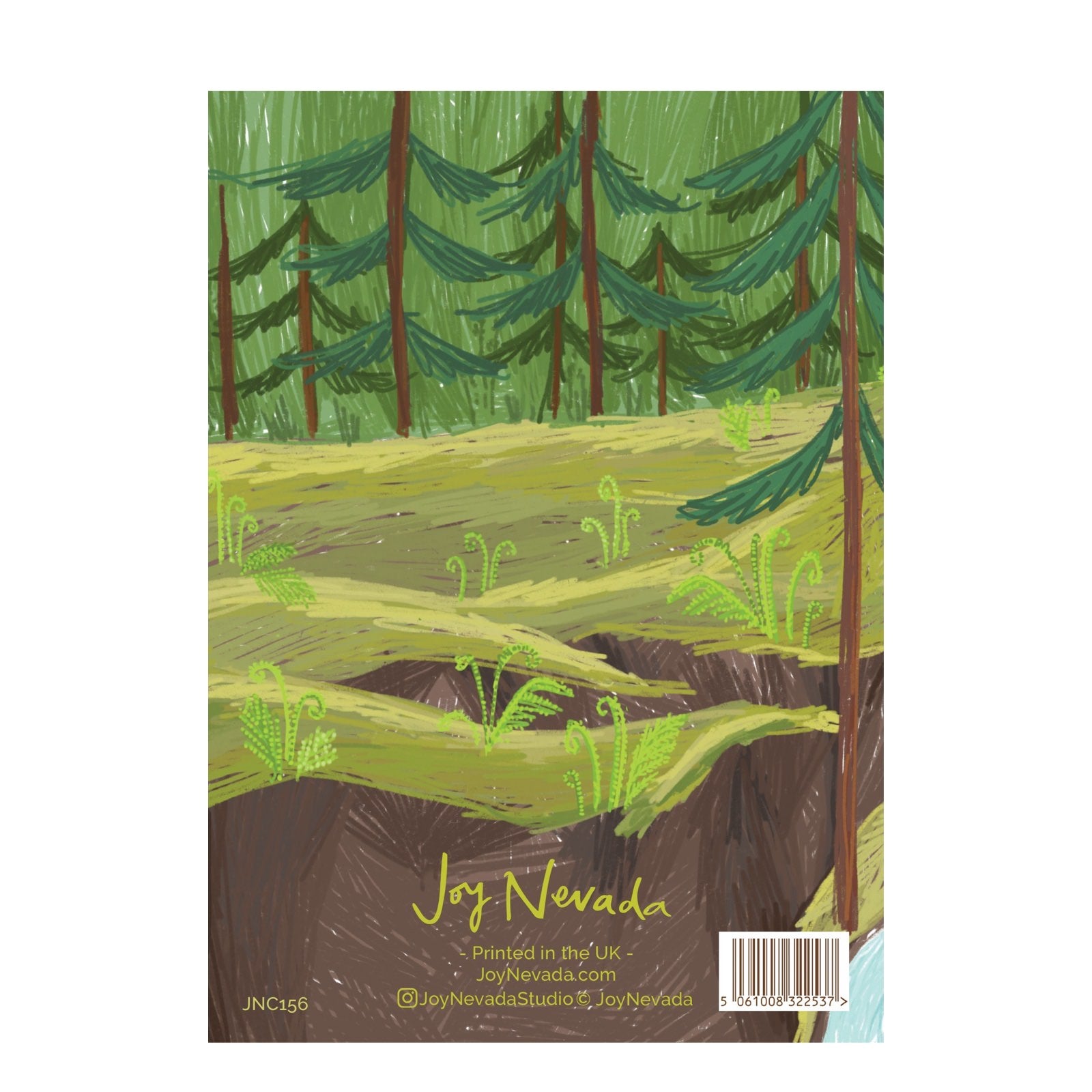 The back of a greetings card showing an illustration of a forest.