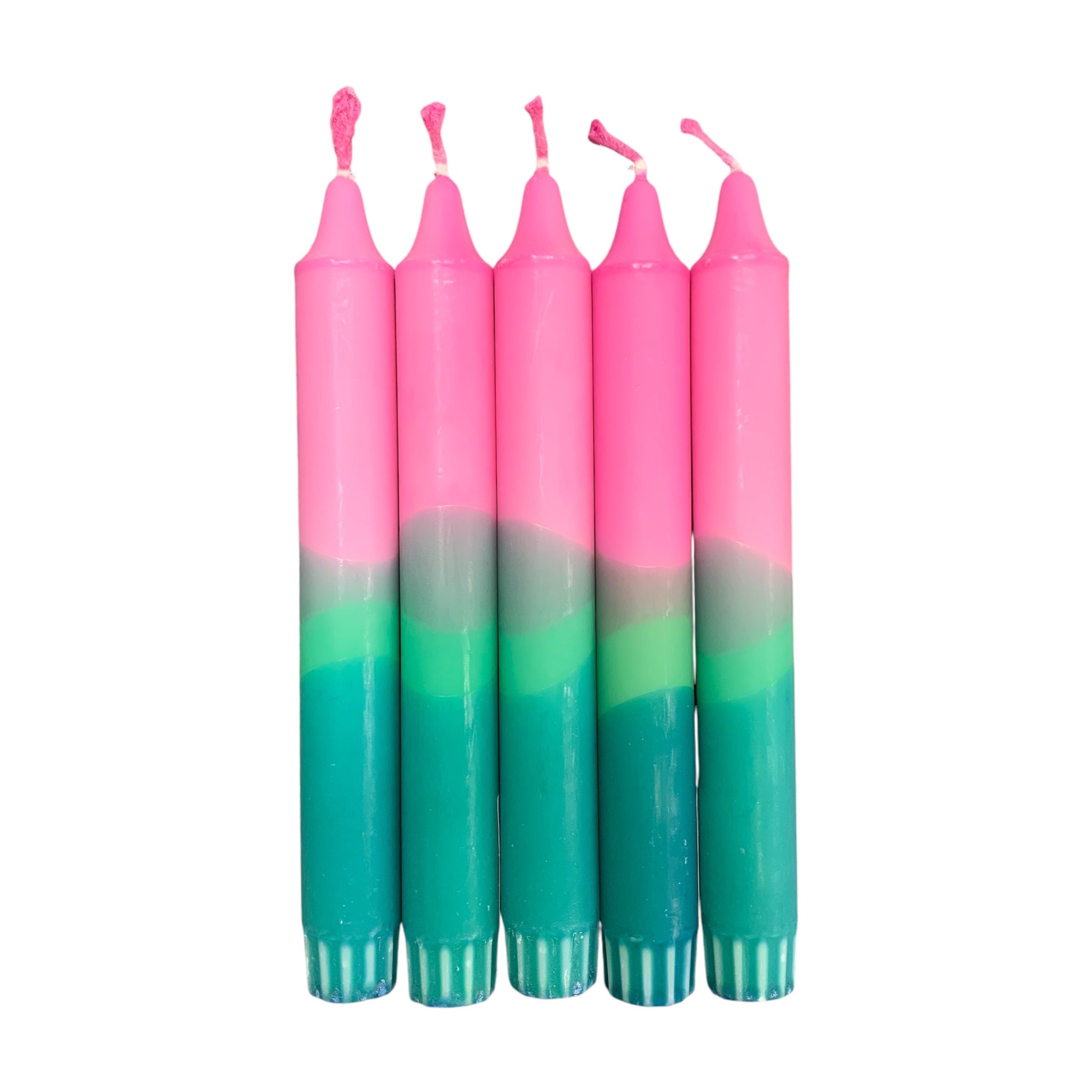 A row of 5 handmade dinner candles with a green base, a lighter green centre, and a pink top.