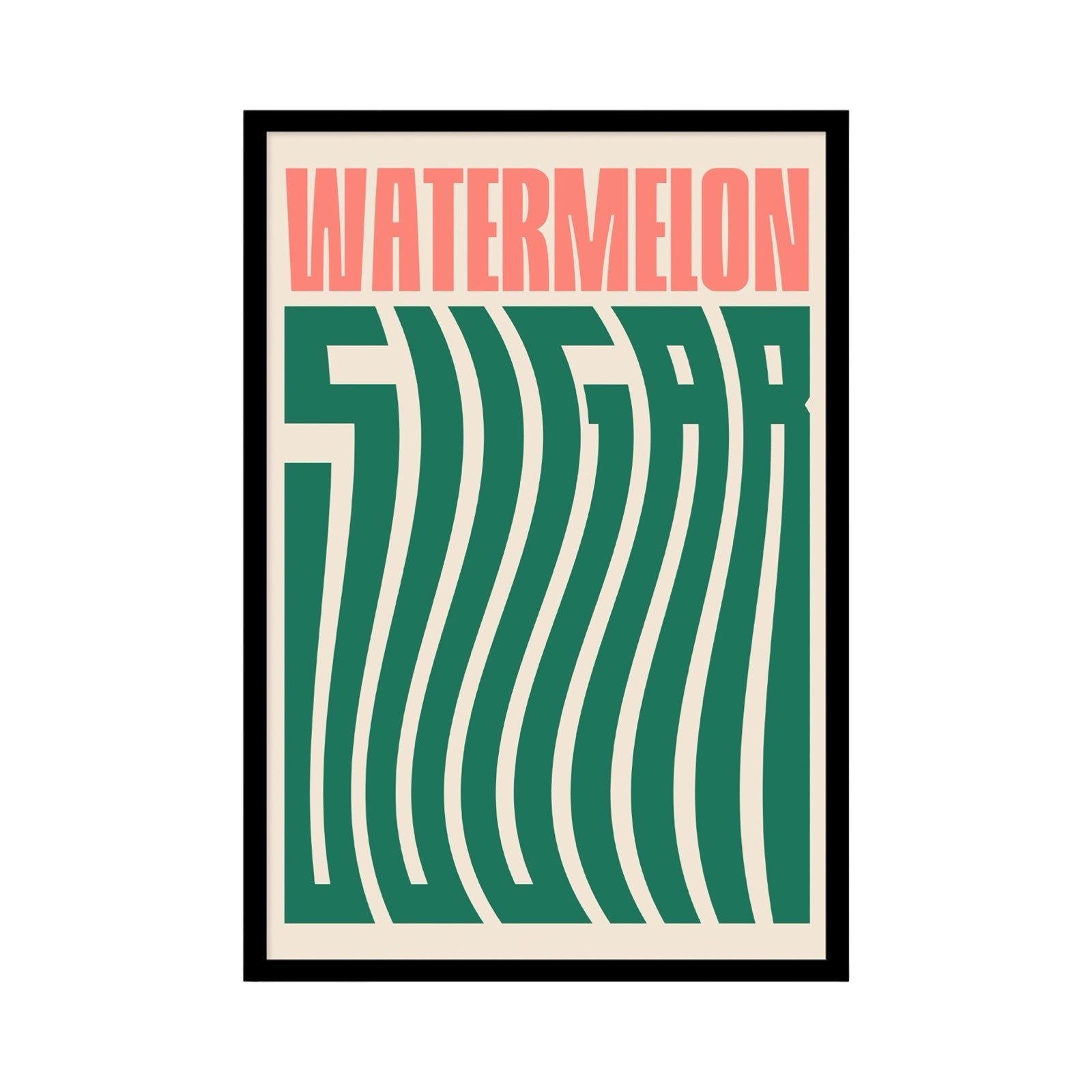 print of the lyric 'Watermelon Sugar' from the song Watermelon Sugar by Harry Styles. The word Watermelon written in pink capitals along the top of the print and the word sugar in green all against a cream background