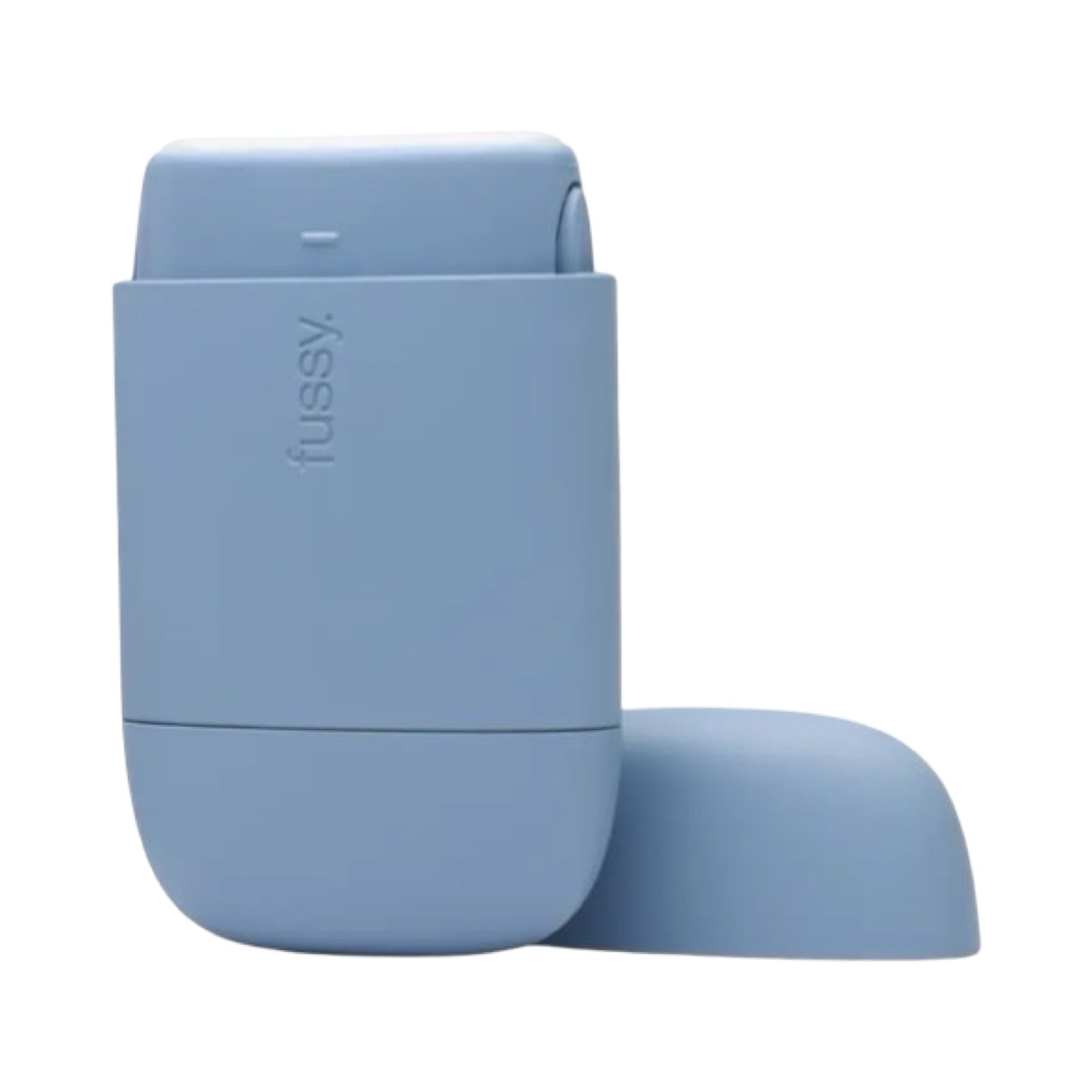 A blue refillable deodorant case with the lid off.
