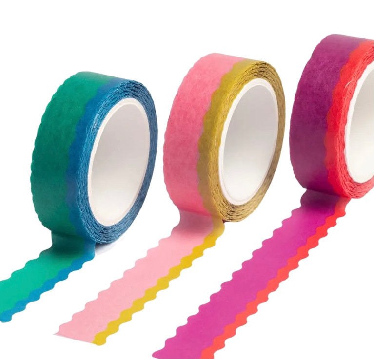 A set of 3 wavy edged washi tapes, one blue and green, one pink and yellow and one red and purple.