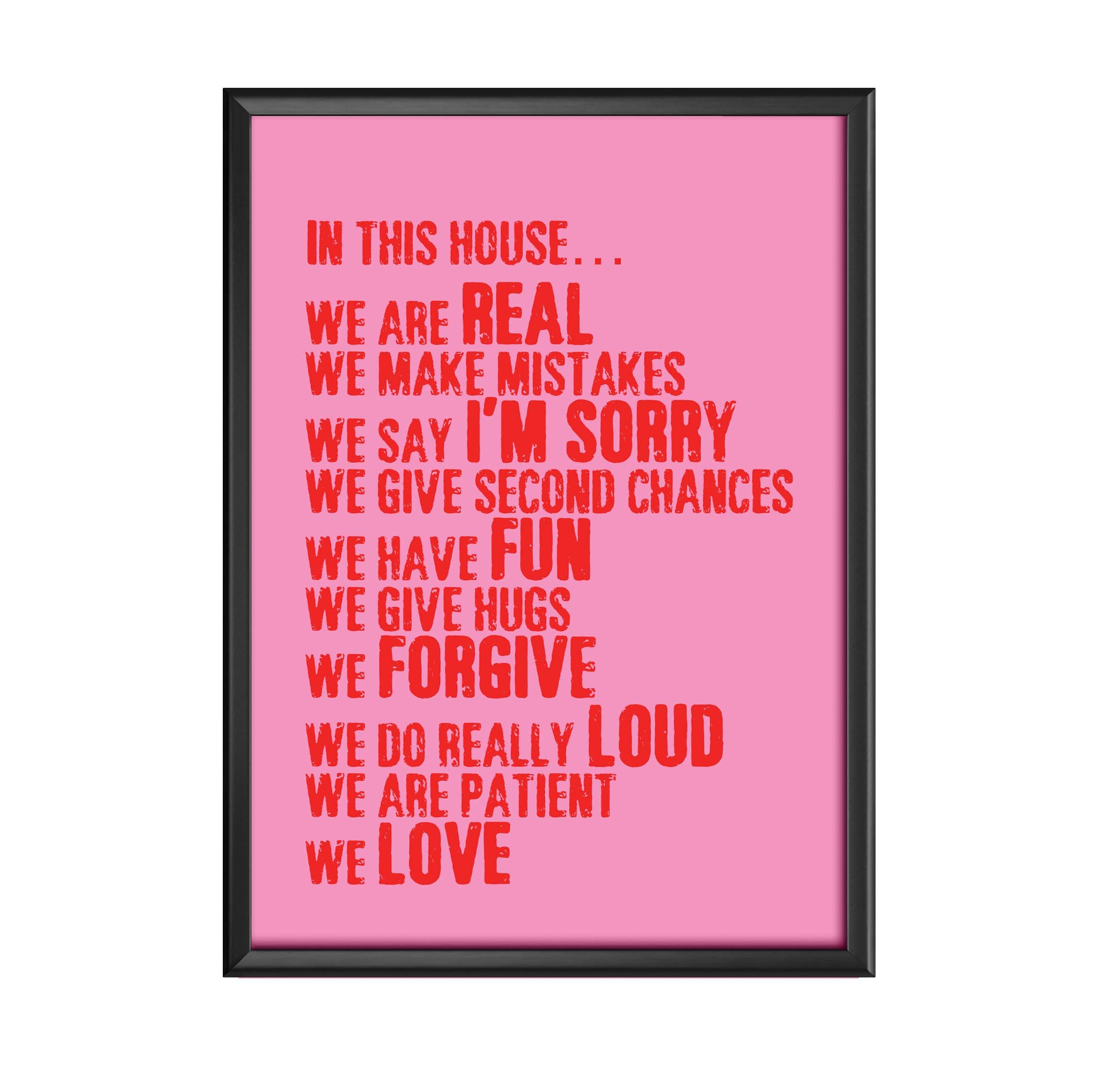  Pink and red typographical print with a black frame.