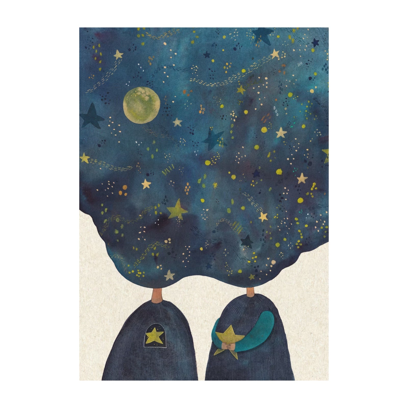 Folk print of two people dressed in blue with a twinkling galaxy for a head. 