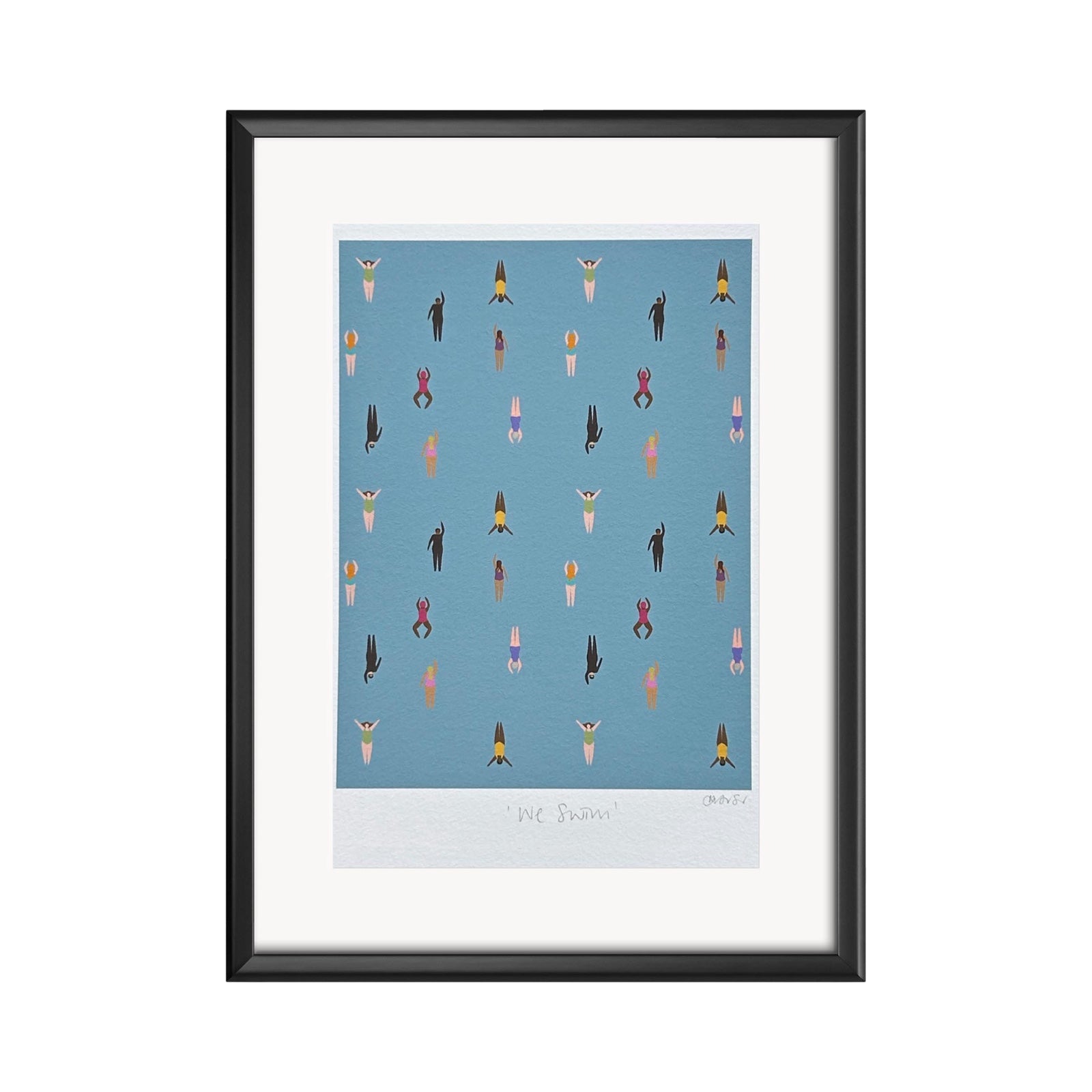 Mounted print featuring a host of wild swimmers in the sea, in a black picture frame.