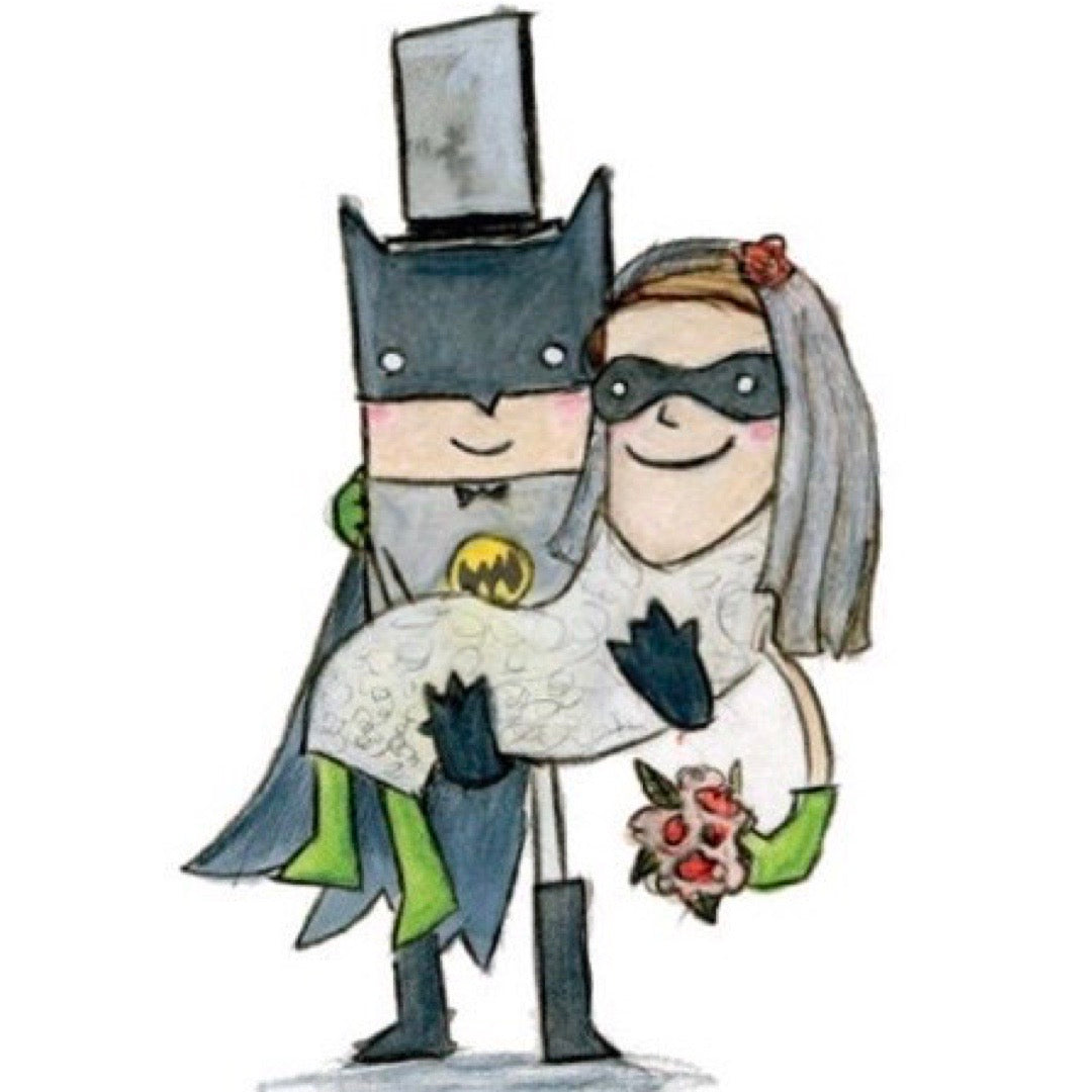 Illustration of a couple in superhero costumes on a white background.