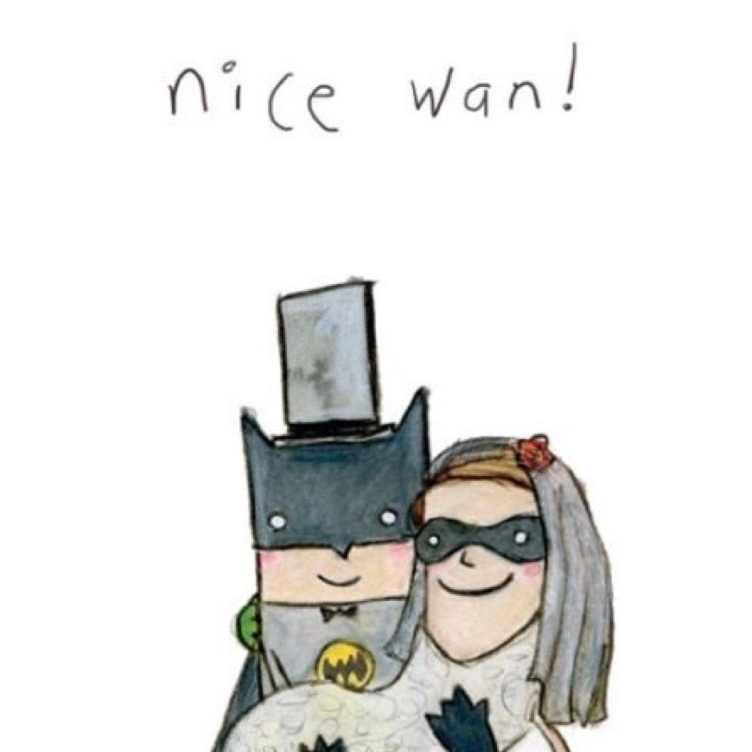 Cartoon illustration of a couple in superhero costumes with 'nice wan!' text above.