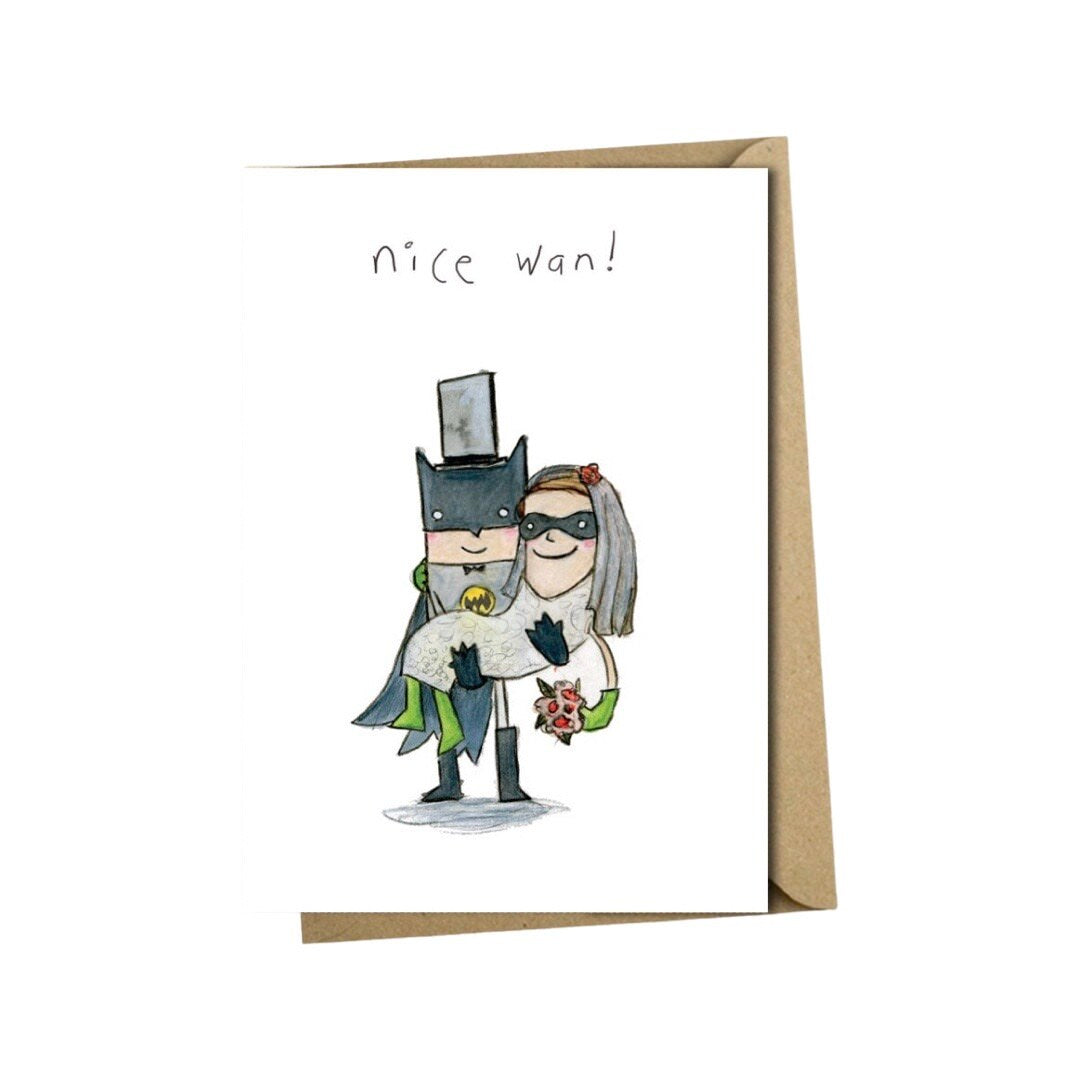 Wedding card featuring an illustration of Batman carrying his bride and the text 'Nice Wan!'