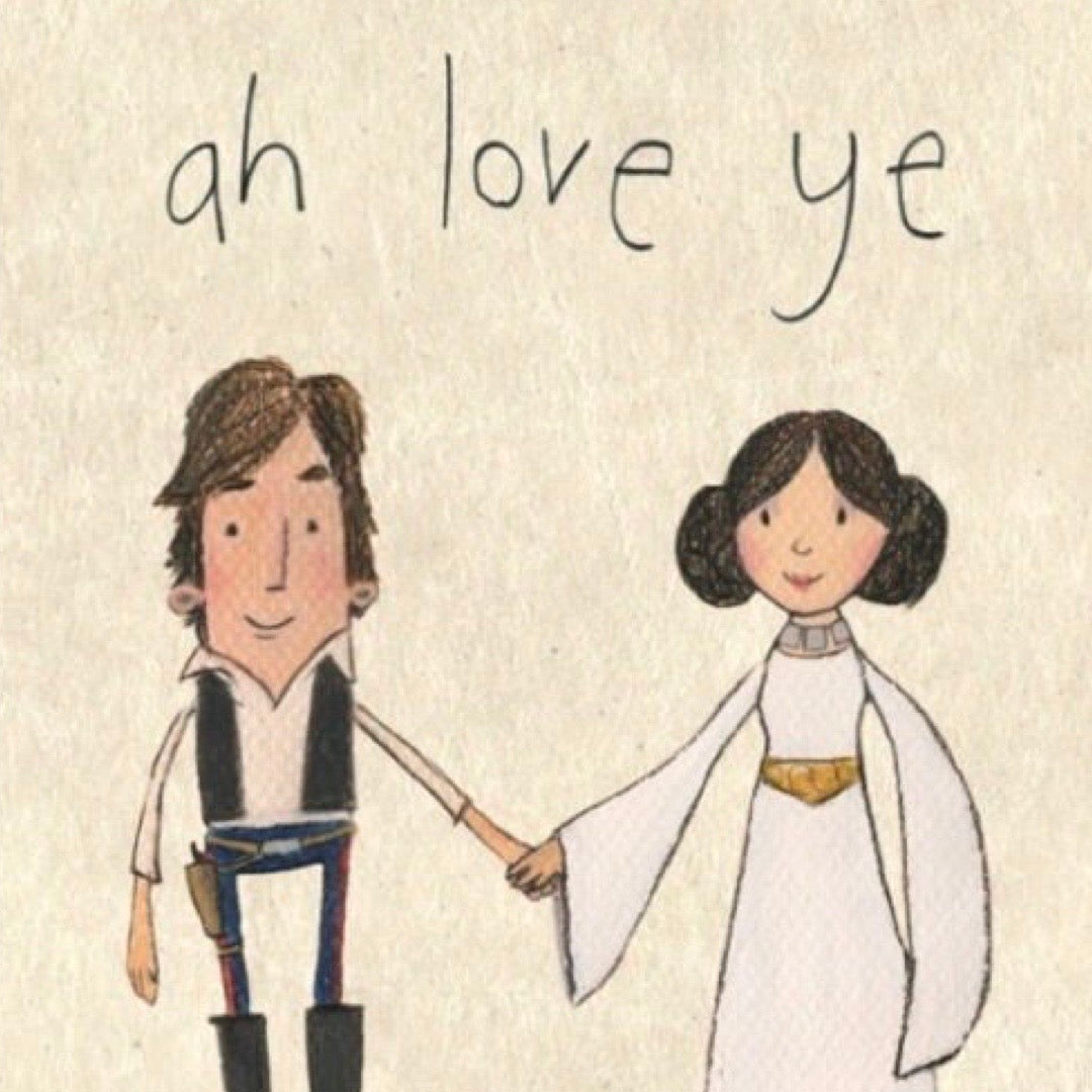 Cartoon illustration of a man and woman holding hands with 'ah love ye' text on a textured beige background.