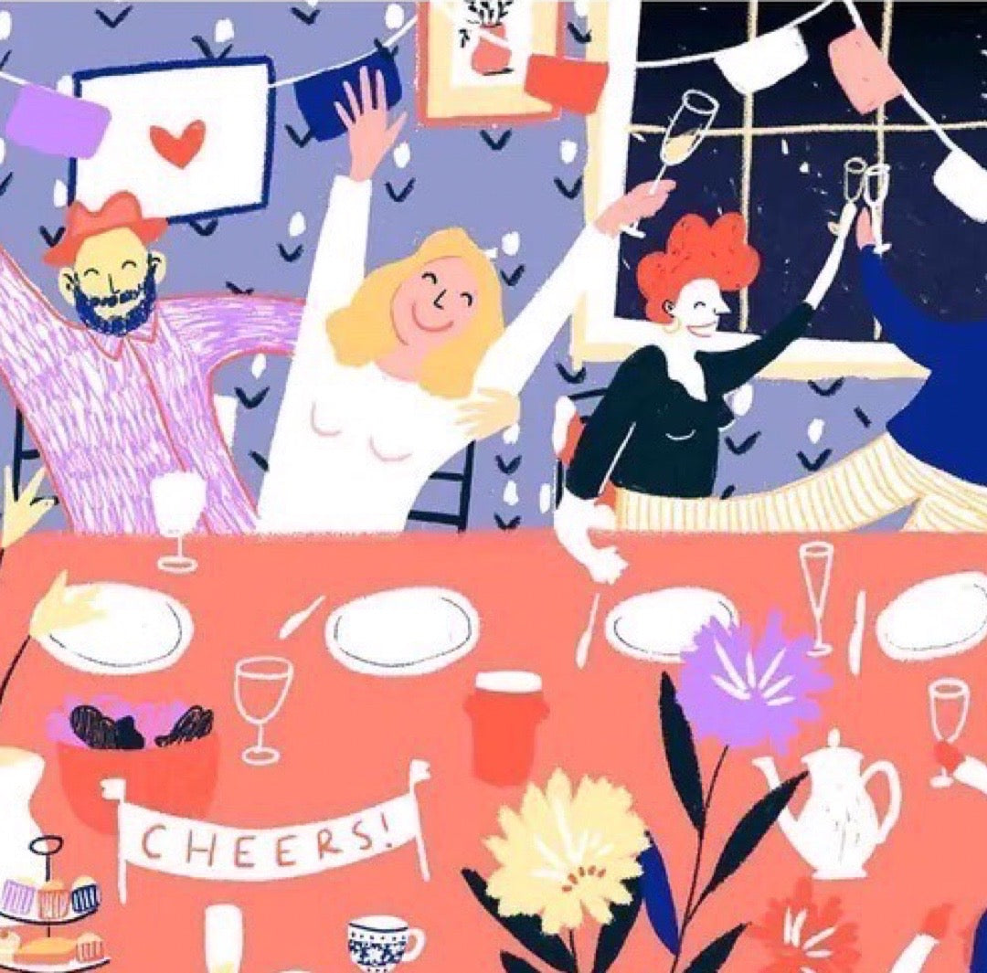 Illustration of people celebrating around a table with 'Cheers!' banner and festive decorations.