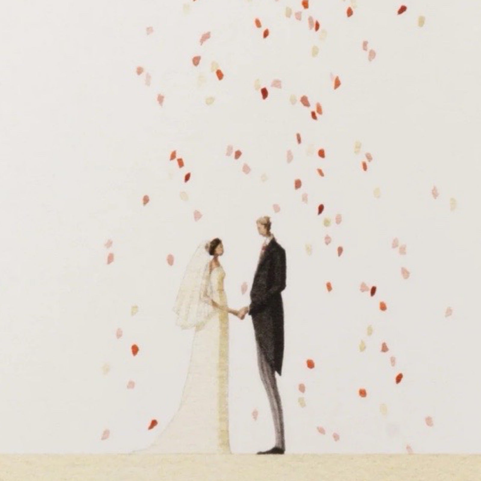 Illustration of a bride and groom holding hands with confetti falling around them on a light background.