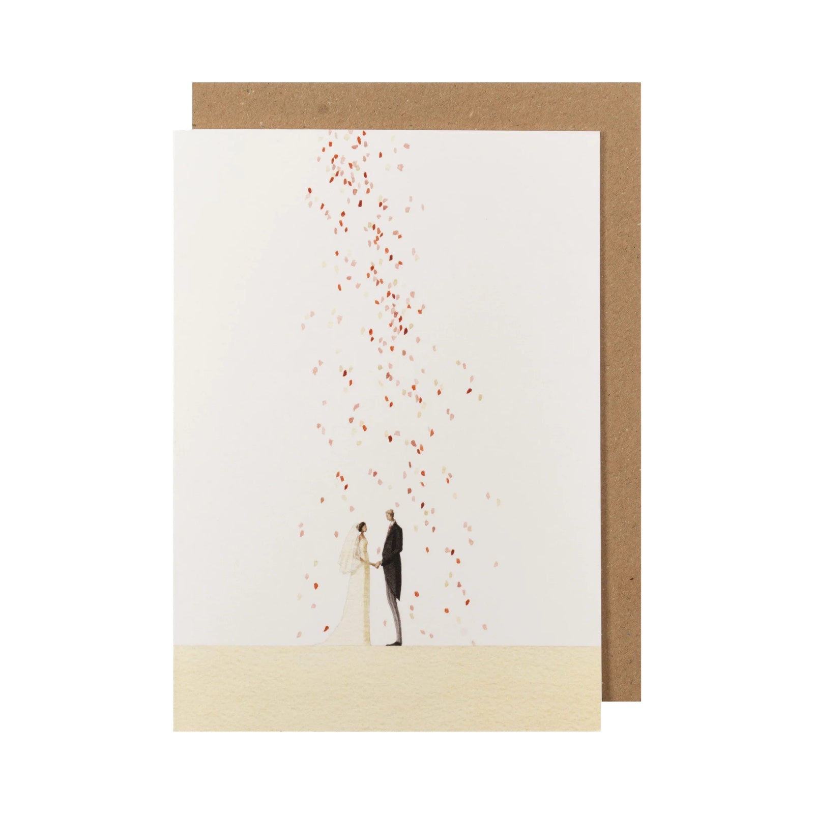 Wedding card featuring an illustration of a wedding parade walking behind the bride and groom. 