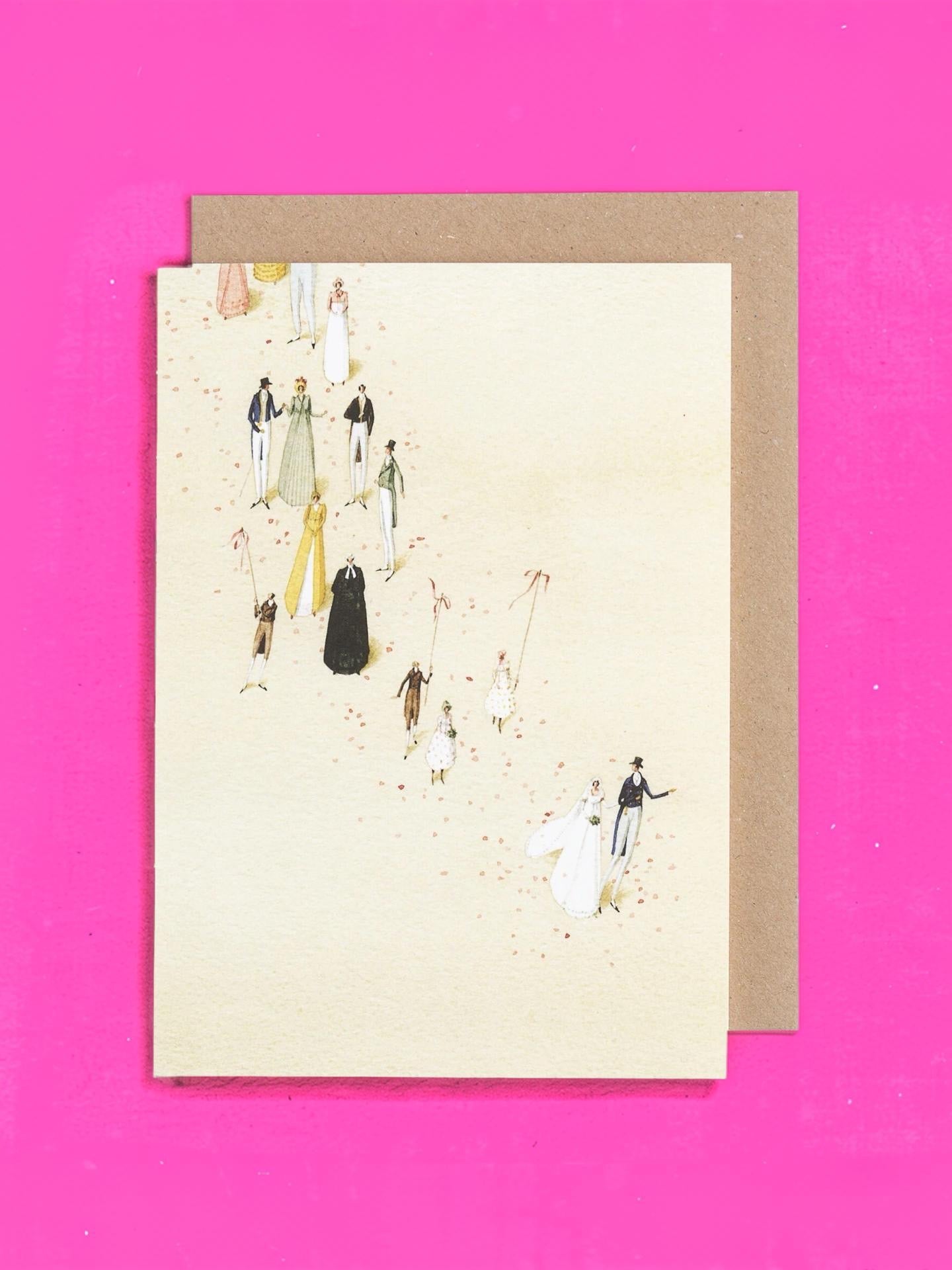 Greeting card with illustrations of people on a pink background.