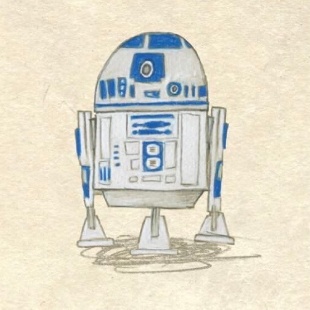 Illustration of R2-D2 from Star Wars on a beige background.