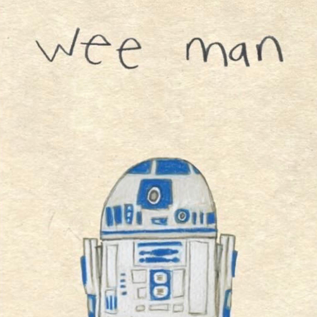 Illustration of R2-D2 with 'wee man' text on a beige background.