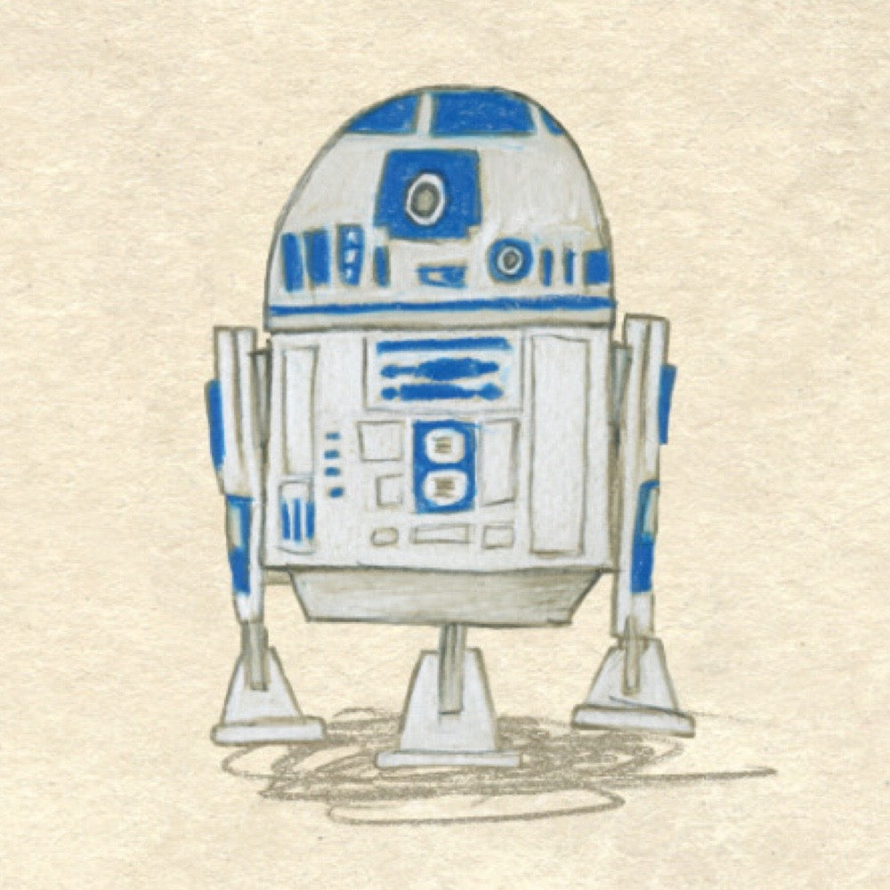 Illustration of R2-D2 from Star Wars on a beige background.