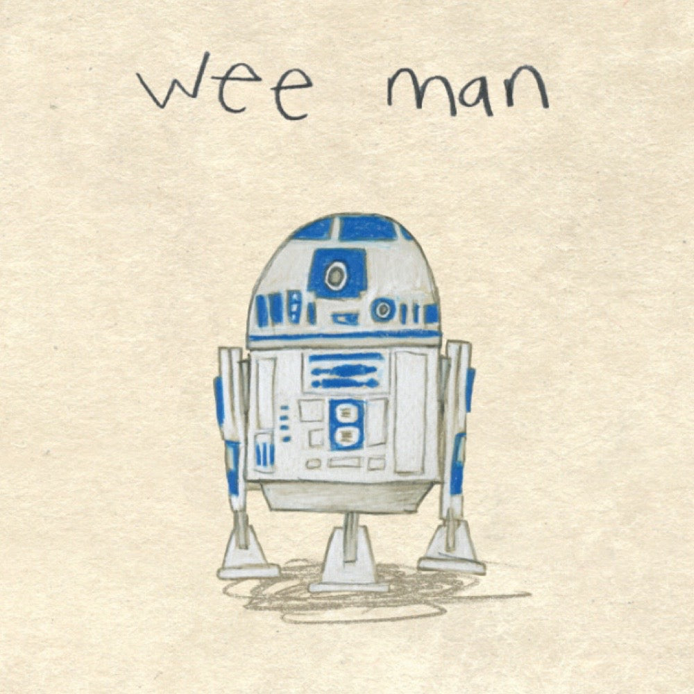 Illustration of a R2-D2 with 'wee man' text on a beige background.