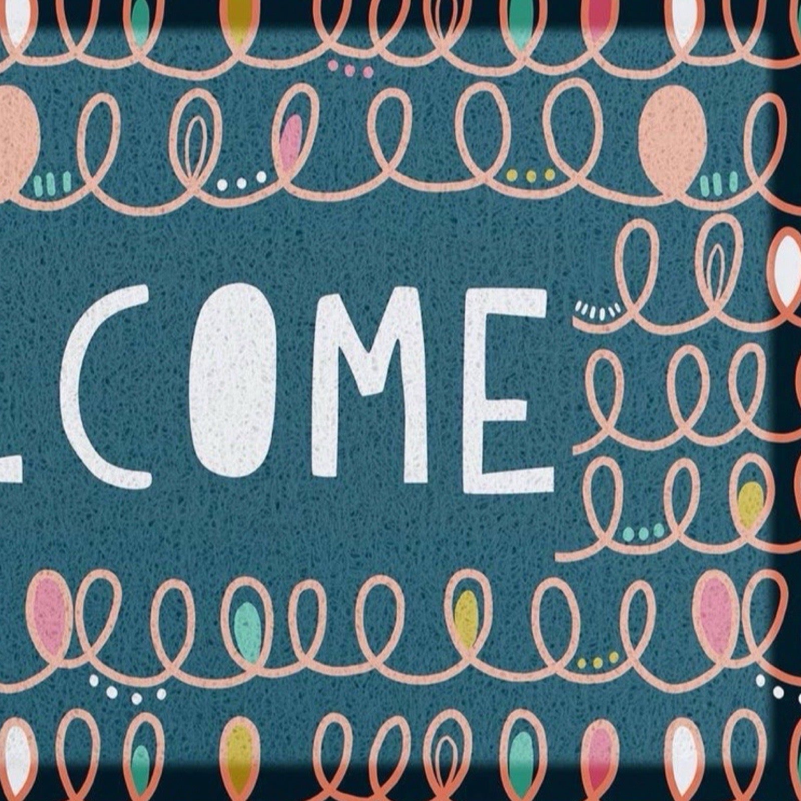 A square decorative graphic with the word “COME” in large white letters on a textured teal background, surrounded by peach looping line art and small pastel accents in pink, yellow, green, and white.