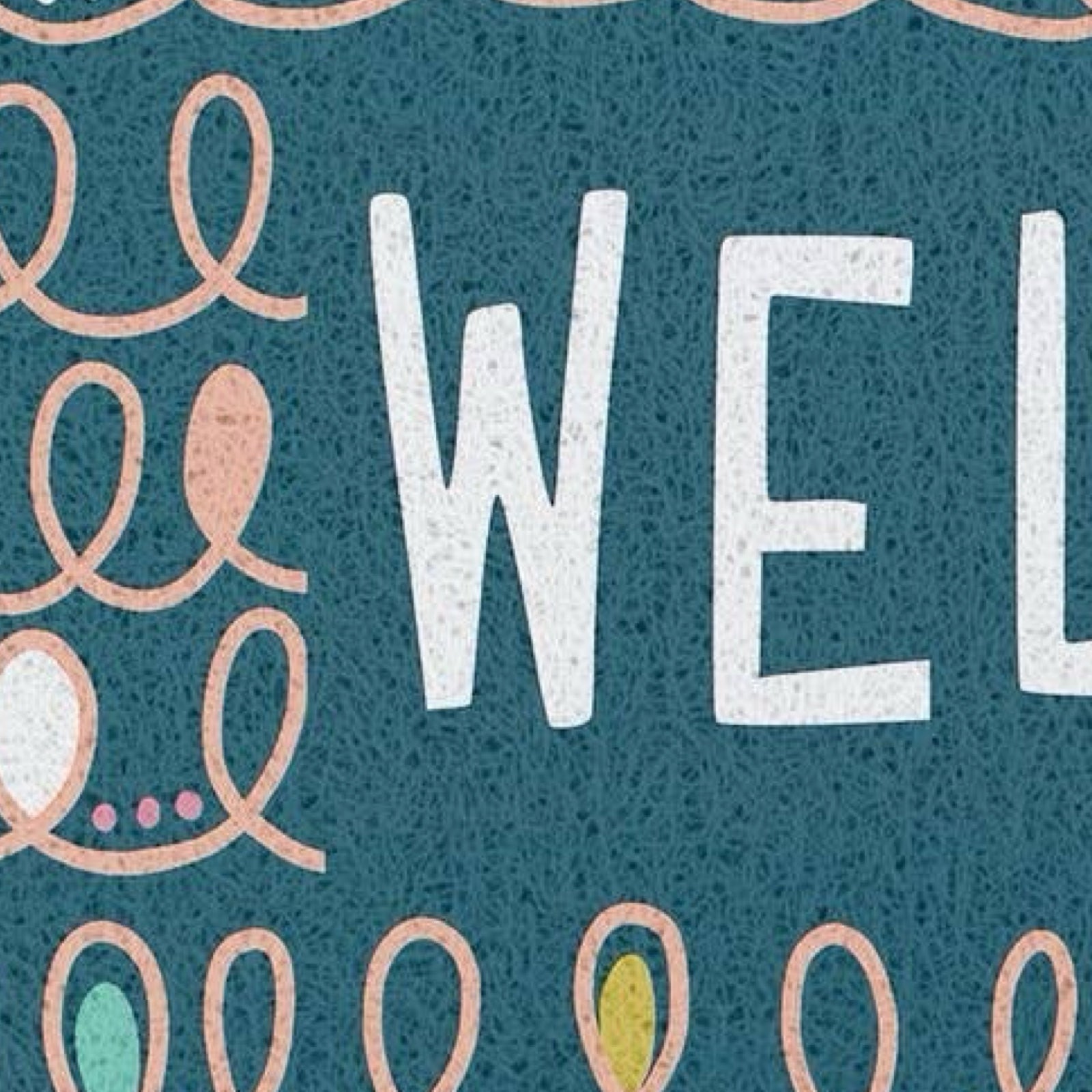 A close-up decorative graphic with the word "WEL" in large white letters on a textured teal background, surrounded by peach abstract line motifs and small coloured oval accents.