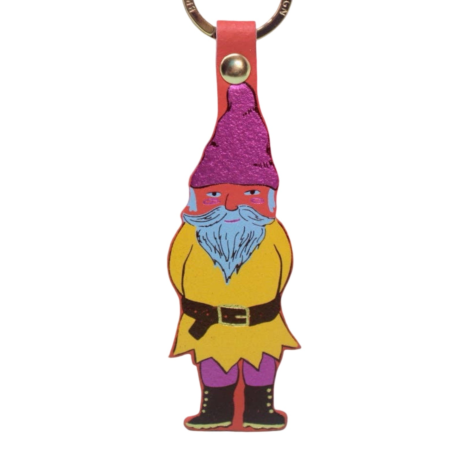 Colourful gnome keychain with a purple hat on a white background.