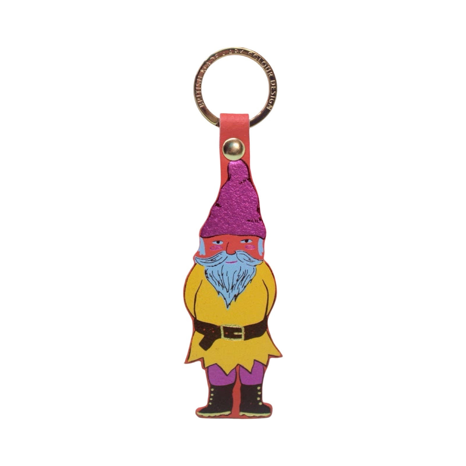 Gnome-shaped keychain with a colourful design on a white background.